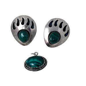 VTG Sterling Silver Malachite Pendant Bear Paw Clip Earrings Southwest Jewelry